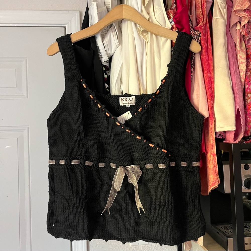 NWT RICO hand‎ knits black chunky cotton knit beaded surplice sweater tank top